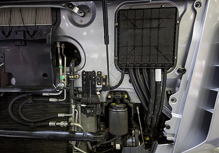 现代汽车发动机的设计 笑声机器抛光金属兜帽柴油机汽车软管技术车辆机械图片
