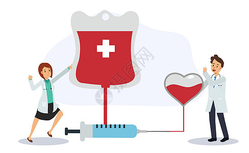 献血概念 慈善 男女医生都为心脏和血袋附近的献血而欢呼 平面矢量卡通人物插图图片