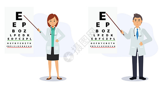男性和女性眼科医生指向眼睛测试图表 检查视力 眼睛测试概念 平面矢量卡通人物插画图片