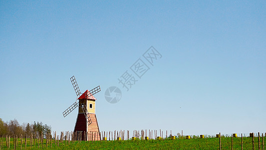 典型的红风车站在田地上 乡村景观图片