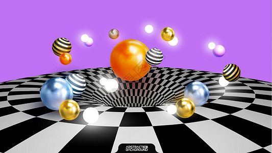 彩色装饰球 抽象矢量 3d 图 抽象艺术背景与球在方格纹理 3d 表面 有光泽的橙色金银球体组成  EPS1图片