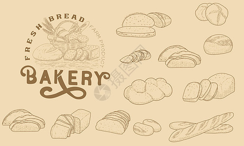 面包店会徽和面包 se广告店铺标识包子草图粮食小麦海报篮子复古图片