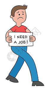 卡通人很伤心 失业了 拿着我需要一份工作的牌子 它制作图案图片