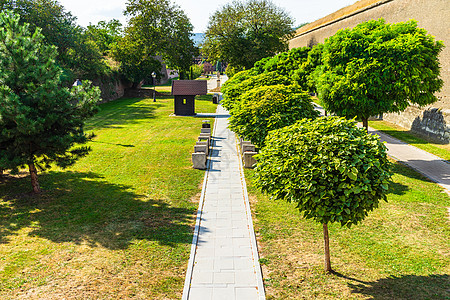 绿色花园 有干净的草地 美丽的树林 堡垒院子里的小巷 2021年在罗马尼亚Alba Iulia举行的加固墙壁和舞厅花园小路公园树图片