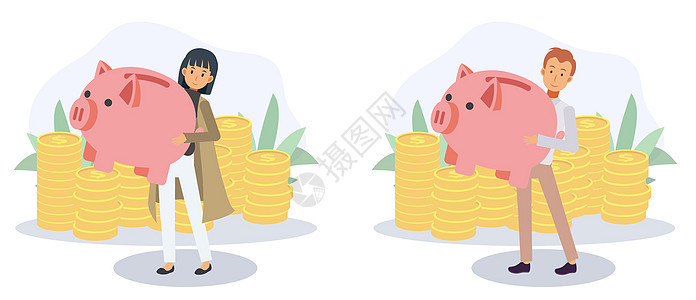 男人和女人为了经济目的携带存钱罐存钱 经济和金融独立 存钱概念 平面矢量 2D 卡通人物插图图片