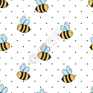 与白色圆点背景上的蜜蜂的无缝模式 小黄蜂 矢量图 可爱的卡通人物 邀请卡纺织面料的模板设计 涂鸦样式卡通片墙纸漫画插图工人漏洞吉图片