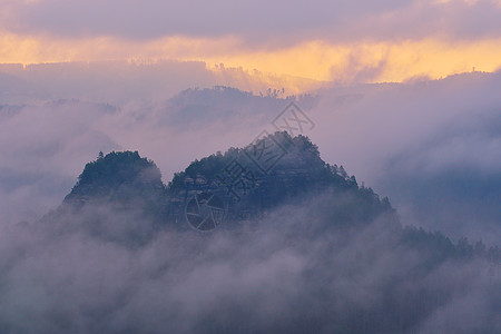 暴雨之夜的清晨 山谷中弥漫着雾雾图片