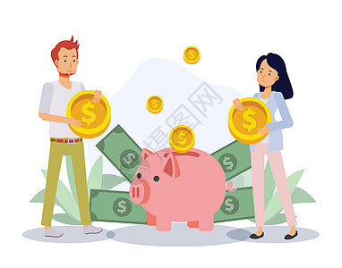 男人和女人在存钱罐里存钱 经济和金融独立 存钱概念 平面矢量 2D 卡通人物插图图片