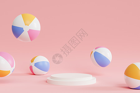 产品或广告的讲台或基座在粉红色背景上带有充气沙滩球夏季最小 3d 插图 rende图片