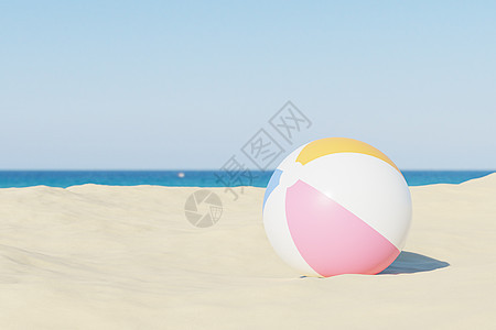 暑假背景与充气沙滩球和3d 插图 rende渲染广告蓝色假期圆形热带玩具乐趣黄色海滩图片