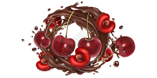 整块和切片樱桃 在巧克力飞溅菜单插图味道美食浆果广告甜点水果食物餐厅图片