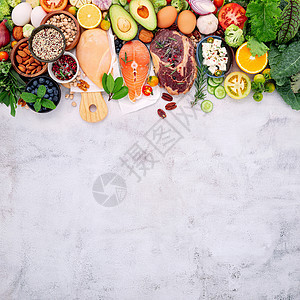 Ketogenous 低碳水化合物饮食概念 在白混凝土背景上设定的健康食品选择要素蔬菜排毒减肥糖类核桃美食食物酮类菠菜烹饪图片