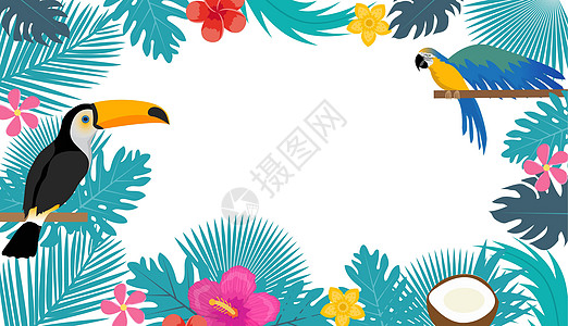 带有文本空间的夏季热带背景 Toco Toucan和Macaw在热带叶框模板上为您设计 矢量图示图片