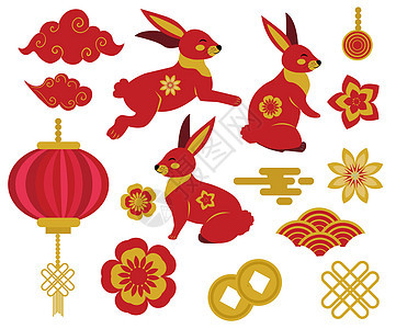 中秋节 中秋节一套中国风格的设计元素 有兔子 云彩 灯笼 兔年 中国星座剪贴画 矢量图背景图片