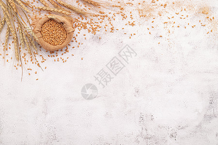 白混凝土背景的小麦耳朵和小麦谷类化合物糕点美食产品饮食大麦味道糖类烘烤燕麦图片