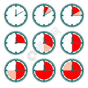 带有红色分钟图表的绿色时钟矢量图标图片