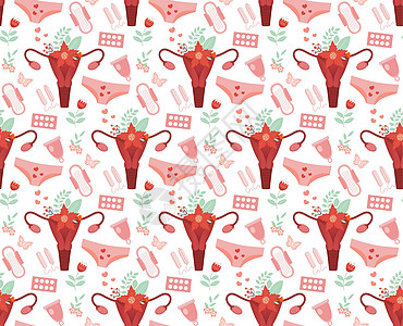 女性月经期无缝无缝模式 床垫 卫生棉条 带鲜花的子宫以及重复的纹理 矢量插图图片