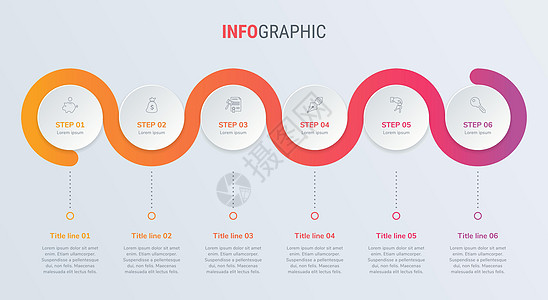 红色时间线图表设计矢量  6 个选项的圆形工作流程布局 矢量图时间线模板图片