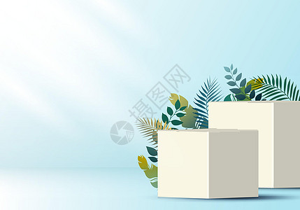 柔和蓝色背景上的 3D 逼真白色立方体 用于展示带热带树叶装饰的产品图片