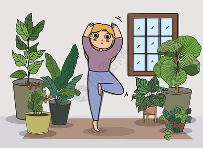 做瑜伽的女人待在家里 锻炼概念在舒适的现代室内图片