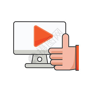 在带有播放图标的计算机上竖起大拇指 移动娱乐插图 平面矢量图标 可以使用图标设计元素图片