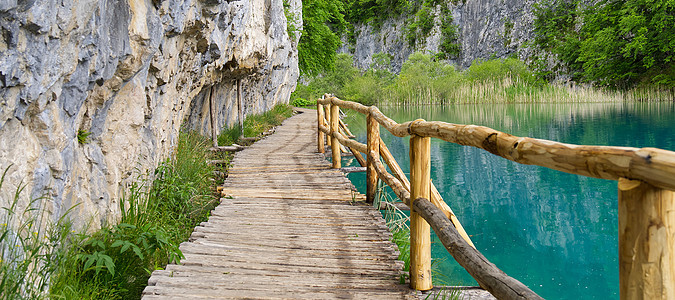 克罗地亚普利维茨湖泊国家公园中高高绿色草地 后面岩石和灌木丛之间木甲板的视图湖泊旅行小路森林公园生态游客环境蓝色溪流图片