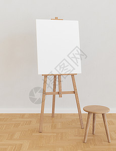 带空白画布的flel艺术家标语凳子画廊3d画架绘画木地板广告牌镜框图片