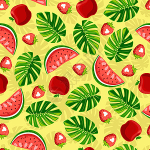 无缝夏季模式 黄色背景上的怪兽草莓苹果图片