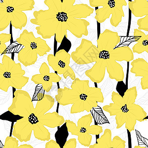 黄色的花朵和叶子矢量无缝模式 夏季简单图案图片