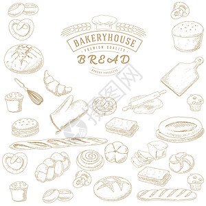 一套烘焙产品面粉海报菜单草图粮食包装羊角面包边界包子图片