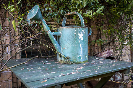 一个老水罐子 放在花园的桌子上木头喷壶环境植物群叶子金属房子藤蔓灌溉植物图片