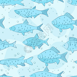 河鱼素描 无缝蓝色图案打印收藏野生动物织物卡通片食物墙纸动物海洋插图图片