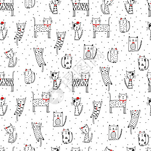 无缝滑稽图案与涂鸦猫 素描风格的可爱小猫插图 卡通动物背景 涂鸦猫 布料墙纸包装纸纺织品床上用品 T 恤印花图片