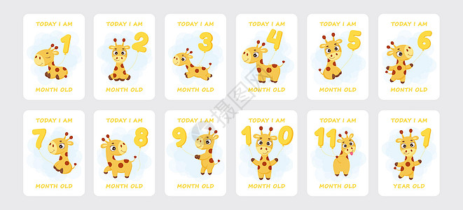 婴儿里程碑卡片 上面有可爱的小长颈鹿 在新生儿女孩或男孩的数字气球上飞翔 婴儿月周年纪念卡 捕捉所有特殊时刻的苗圃印刷品 股票矢图片