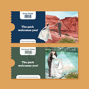 带有美国国家公园概念的门票模板 水彩风格旅行悬崖婚礼卡通片广告砂岩冒险插图洞穴公园图片