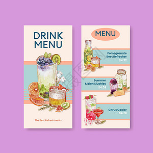 具有茶点饮料概念 水彩风格的菜单模板水果玻璃派对插图酒吧营销液体小册子酒精传单图片