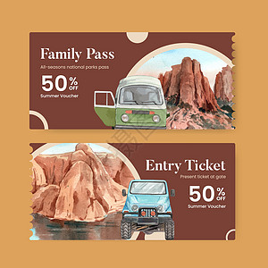 带有美国国家公园概念的门票模板 水彩风格旅行卡通片悬崖地面广告婚礼砂岩岩石插图公园图片