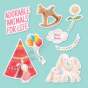带有可爱动物概念的贴纸模板 水彩风格卡通片插图推广标识兔子吉祥物朋友哺乳动物营销宠物图片