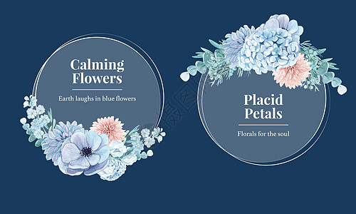 具有蓝色花和平概念的花圈模板 水彩风格生物草地树叶问候语广告植物群花朵卡片营销插图图片