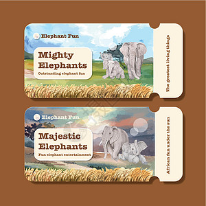 具有大象趣味概念 水彩风格的票证模板动物园灰色野生动物力量獠牙动物绘画树干哺乳动物丛林图片