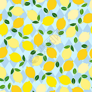 柠檬图案 无缝的装饰背景用黄色柠檬 在蓝色菱形背景的明亮的夏天设计图片