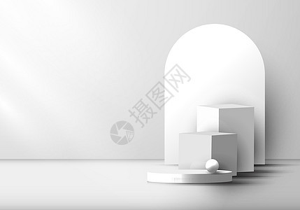 具有圆形背景的 3D 逼真现代白色和灰色几何基座讲台图片