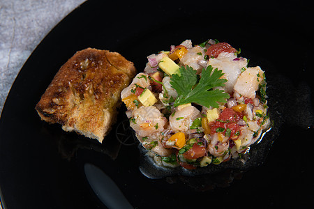 Cod Ceviche食谱 油和大蒜面包敷料沙拉美味海鲜食物餐厅洋葱腌鱼饮食牛肉片图片