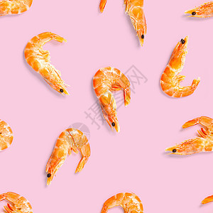 老虎虾 由孤立在粉红色背景上的大虾制成的无缝图案 海鲜虾无缝模式 海鲜图案小吃剥皮贝类美食熟食食品营养饮食食物宏观图片