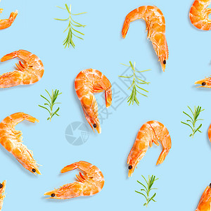 老虎虾 由孤立在蓝色背景上的大虾制成的无缝图案 海鲜虾无缝模式 海鲜图案贝类饮食小吃宏观营养剥皮粉色食物熟食美食图片
