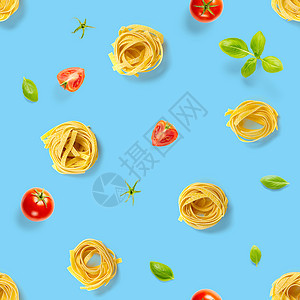 意大利面条的无缝模式 生意大利面宽面流行艺术背景 平躺 蓝色隔离的意大利生巢意大利面饮食小麦美食黄色食物图案手工营养烹饪宏观图片