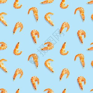 老虎虾 由孤立在蓝色背景上的大虾制成的无缝图案 海鲜虾无缝模式 海鲜图案粉色小吃贝类熟食美食食物饮食宏观营养剥皮图片
