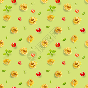意大利面条的无缝模式 生意大利面宽面流行艺术背景 平躺 绿色隔离的意大利生巢意大利面图案营养手工烹饪美食黄色小麦食物宏观饮食图片