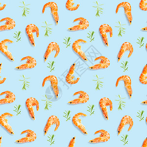 老虎虾 由孤立在蓝色背景上的大虾制成的无缝图案 海鲜虾无缝模式 海鲜图案粉色剥皮食物美食饮食贝类营养小吃熟食宏观图片