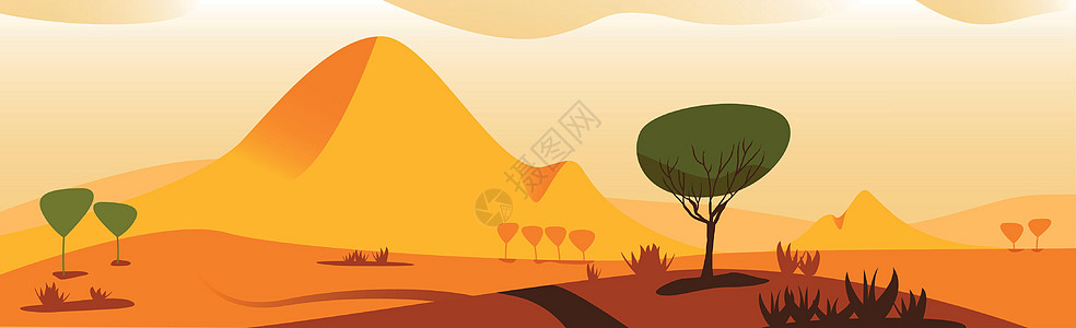炎热的阳光明媚的热带草原沙漠     矢量插图土地旅行日出地平线日落卡通片大草原场景全景图片